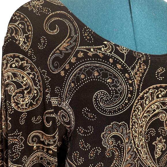 Brittany Black Top Black Gold Paisley Metallic Long Sleeve Women 1X | Party - Picture 4 of 8